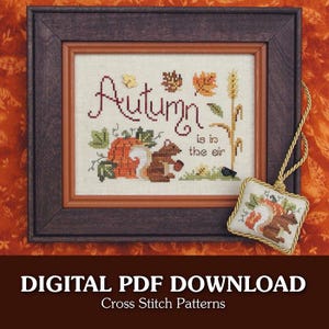 May include: A framed cross-stitch design with the word "Autumn" and the phrase "is in the air." The design features a squirrel, pumpkin, and autumn leaves. A small, matching cross-stitch ornament hangs on the right.