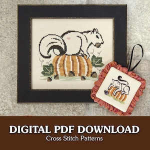 Op de afbeelding: Kruissteekpatronen met een eekhoorn op een pompoen en een kat op een pompoen. Het eekhoornontwerp is zwart omlijst. Een kleiner, vierkant kattenontwerp is bevestigd met een lint. De tekst onderaan luidt "DIGITALE PDF DOWNLOAD Kruissteekpatronen."