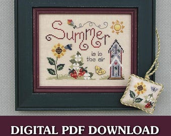 Summer Is in the Air Cross Stitch Pattern | Strawberries, Sunflowers, Kite & Butterfly House | PDF Download