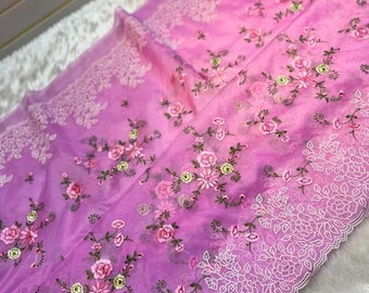 Geborduurde sari van organza-zijde: bloemdessin, banarasi-stijl, fancy Indiase sari