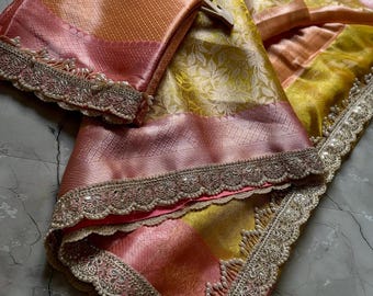 Yellow Banarasi Kanjeevaram Silk Saree: Designer Lace Border, Zari Weaving Wedding Sari
