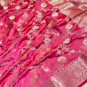 Banarasi semi-katan sari van zachte zijde: designer blouse met rand en brokaat