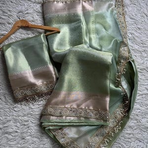 Pista Green Banarasi Tissue Silk Saree | Woven Festive Saree, Designer Lace Border, Brocade Blouse