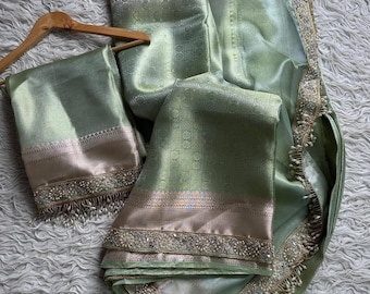 Pista Green Banarasi Tissue Silk Saree | Woven Festive Saree, Designer Lace Border, Brocade Blouse