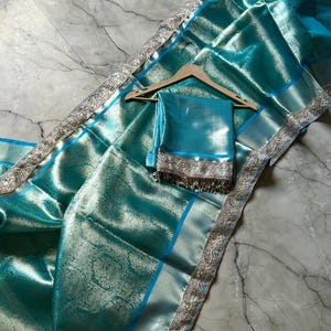 Blue Banarasi Soft Tissue Silk Saree in Teal Blue with Silver Zari Weaving, Designer Party Wear Wedding Sari