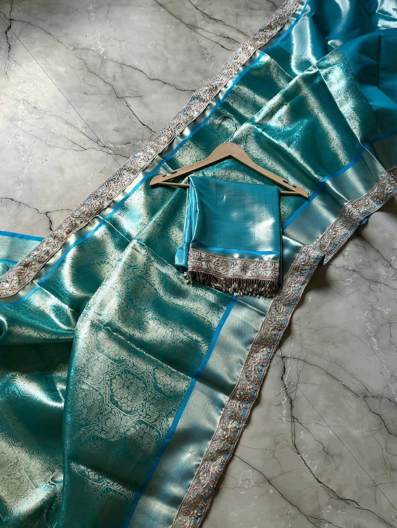 Blue Banarasi Soft Tissue Silk Saree in Teal Blue with Silver Zari Weaving, Designer Party Wear Wedding Sari