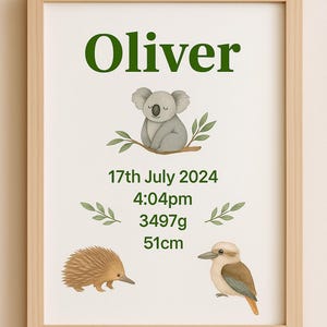 Australian Wildlife Personalised Birth Poster - Nursery Wall Art - Digital Download