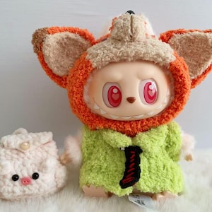 Labubu Plush Doll Outfit - Fox -themed Hoodie and Green Furry Coat Set，Handmade labubu clothes