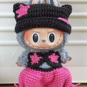 Crochet Labubu Outfit, Handmade Doll Clothes, Grey & Pink Star - Patterned Set, Kawaii Plush Dress - up, Toy Accessory, Gift for Collectors