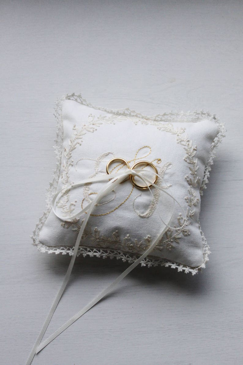 Hand Embroidered Monogrammed Ring Pillow / Baby's First Etsy