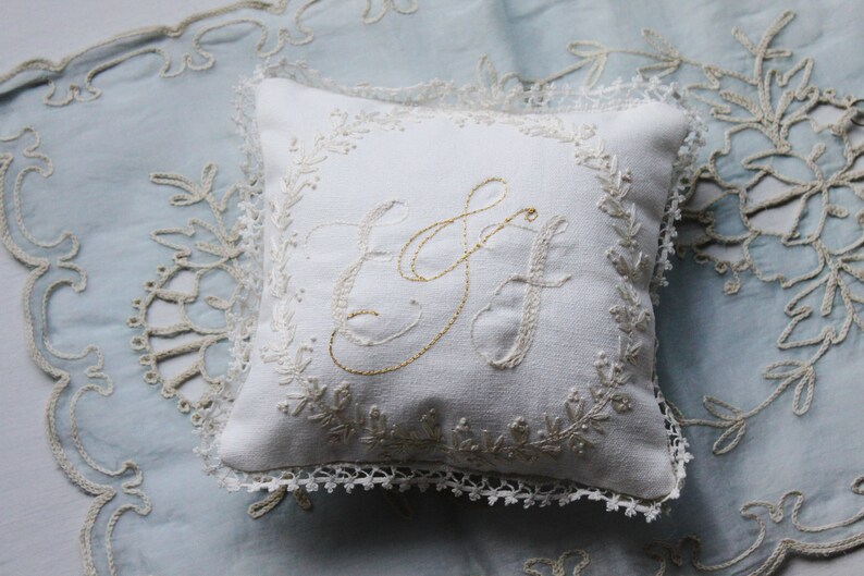 Hand Embroidered Monogrammed Ring Pillow Baby S First Etsy