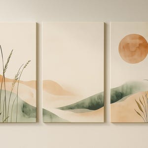 Japandi Triptych Wall Art Printable – Minimalist Abstract Landscape Digital Download, Neutral Beige Boho Art for Living Room Decor