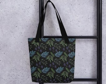 Botanical Tote Bag: Moody Floral Design, Black Shoulder Bag