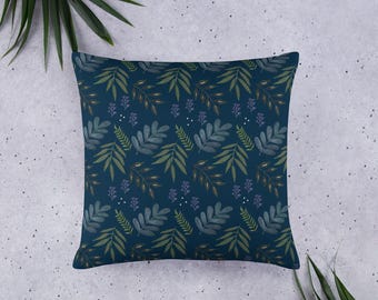 Botanical Throw Pillow Blue Decorative Cushion Elegant Floral Pillow Sophisticated Home Decor