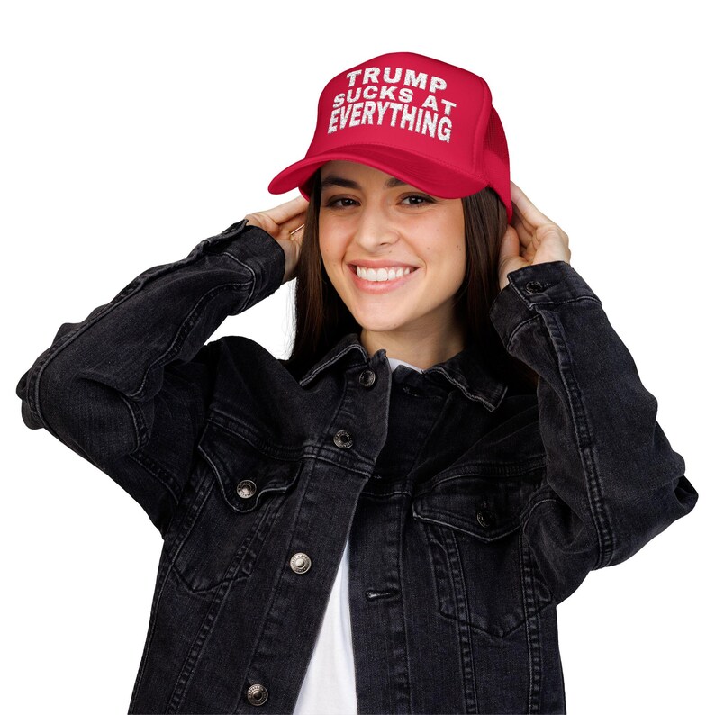 TRUMP SUCKS at EVERYTHING Embroidered Foam Trucker Hat, Political Statement Mesh Cap, Anti-Trump hat, Red Trump hat image 7