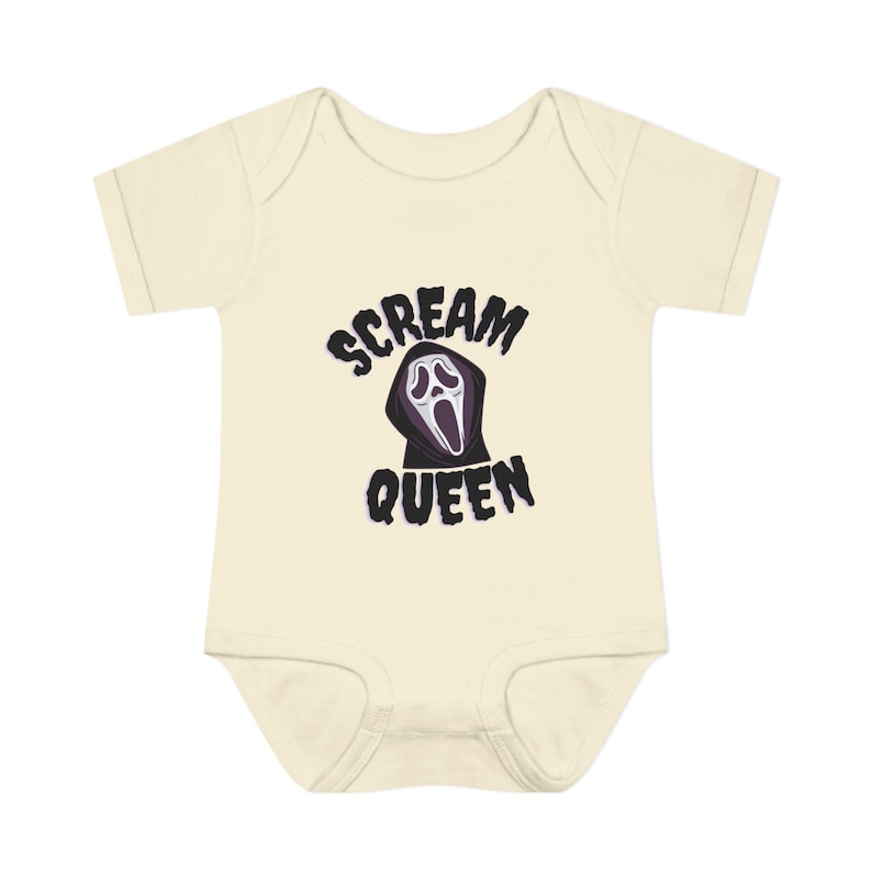 Body de bebé de Scream Queen, body de bebé de terror con cara de fantasma, body de bebé para fans del terror, artículos de terror para bebés, body de bebé con temática de terror imagen 5