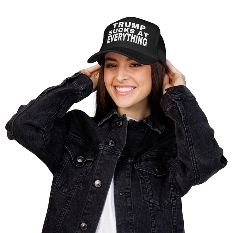 TRUMP SUCKS at EVERYTHING Embroidered Foam Trucker Hat, Political Statement Mesh Cap, Anti-Trump hat, Red Trump hat image 5