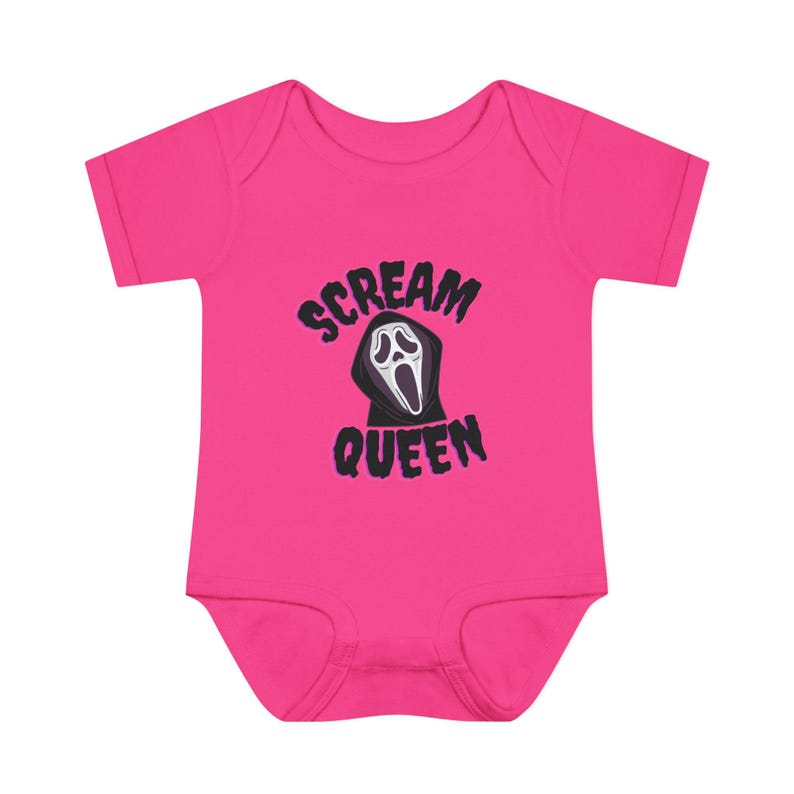 Body de bebé de Scream Queen, body de bebé de terror con cara de fantasma, body de bebé para fans del terror, artículos de terror para bebés, body de bebé con temática de terror imagen 7