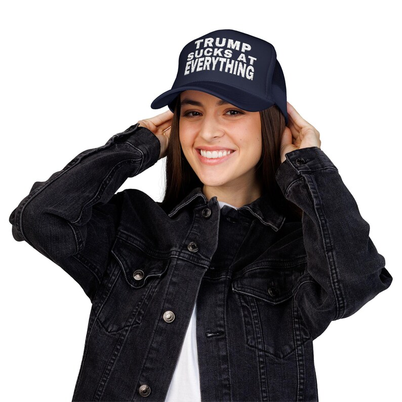 TRUMP SUCKS at EVERYTHING Embroidered Foam Trucker Hat, Political Statement Mesh Cap, Anti-Trump hat, Red Trump hat image 6