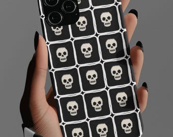 Etui na telefon z kwadratową czaszką i szydełkową babcią, gotycki pokrowiec na iPhone'a i Samsunga