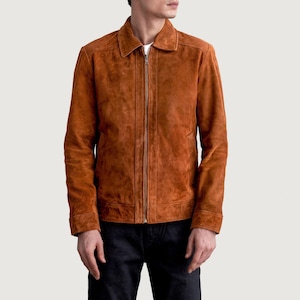 Men&#39;s Suede Leather Jacket – Genuine Goat Suede | Handmade Classic Zip Jacket | Tan Brown Outerwear