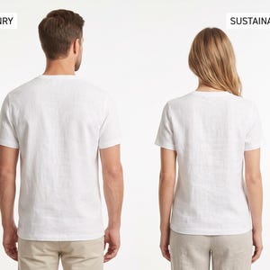 May include: Two plain white short-sleeve t-shirts shown from the back. The left side features the text SMALL-BATCH ARTISANRY, and the right side features the text SUSTAINABLE | ECO-CONSCIOUS. Both shirts are worn with neutral-coloured trousers.
