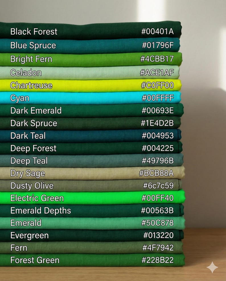May include: A stack of fabric swatches in various shades of green and blue-green. Each swatch is labeled with a color name and a corresponding hexadecimal color code. Colors range from dark forest green to bright chartreuse and cyan.