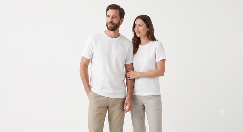 May include: Two individuals wearing plain white short-sleeved crew neck t-shirts. One individual wears tan trousers, while the other wears light grey trousers. The garments are simple, solid-coloured, and feature a standard fit with short sleeves.