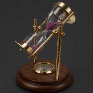 May include: An hourglass with a brass frame and a wooden base. The glass contains purple sand. A compass is set into the wooden base. The hourglass is tilted, suggesting the passage of time. A decorative item.