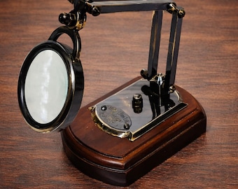 Brass Magnifying Glass with Wooden Lamp Type Stand Vintage Antique Magnifier Reading Lens