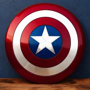 May include: A round, red and silver shield with a white star in the center. The shield has a blue circle in the center with a white star. The outer ring is red, followed by a silver ring, and then another red ring.