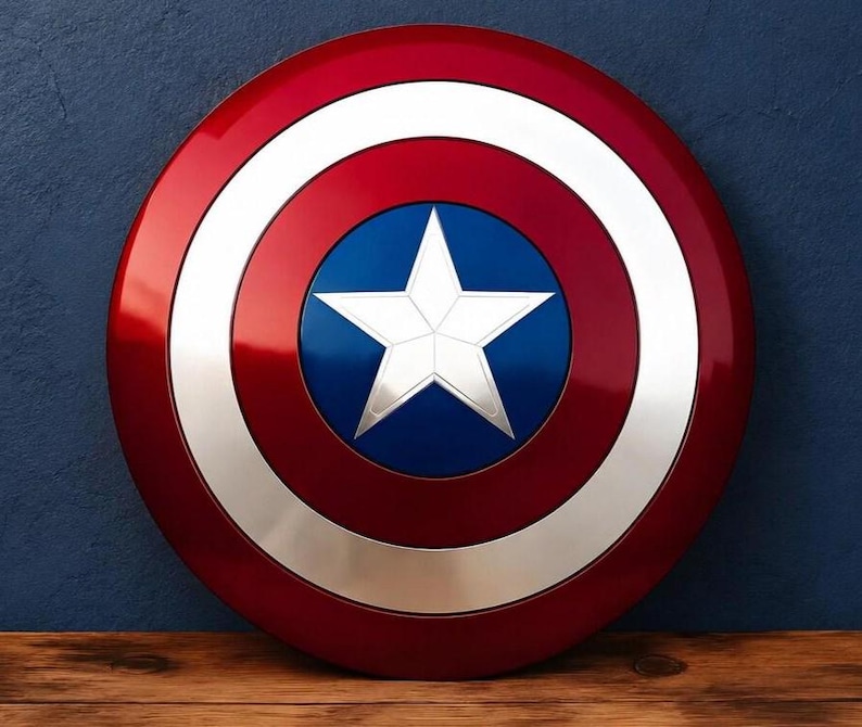 May include: A round, red and silver shield with a white star in the center. The shield has a blue circle in the center with a white star. The outer ring is red, followed by a silver ring, and then another red ring.