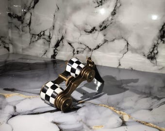 Black white Chase Antique Vintage Opera Glasses Binoculars Mother of Pearl & Handle Brass Spyglass