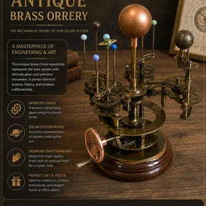 May include: An antique brass orrery featuring a large central copper-colored sphere representing the sun, surrounded by smaller planetary spheres on mechanical arms with intricate gears, all mounted on a circular dark wooden base with a hand crank.