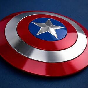May include: A red, white, and blue shield with a silver star in the center. The shield has a circular design with a red outer ring, a silver middle ring, and a blue center with a silver star. The shield is a prop or collectible.
