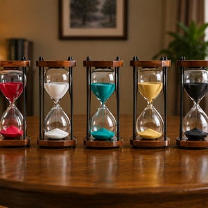 May include: Five hourglasses with wooden frames and black metal supports arranged in a row. Each glass bulb contains a different colored sand: red, white, teal, yellow, and black. The hourglasses feature clear glass chambers held by dark wood bases.