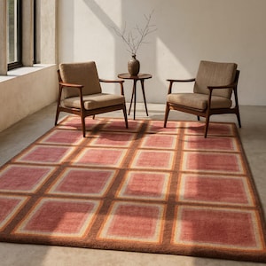 Retro Checkered Wool Rug | Hand-Tufted Square Pattern Area Rug | Mid-Century Modern Living Room Carpet | Vintage Style Soft Wool Floor Rug