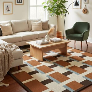 May include: A living room scene featuring a beige sofa, a wooden coffee table, and a green armchair. A geometric patterned rug in shades of brown, cream, and blue covers the floor. Decorative framed art and a floor lamp complete the space.