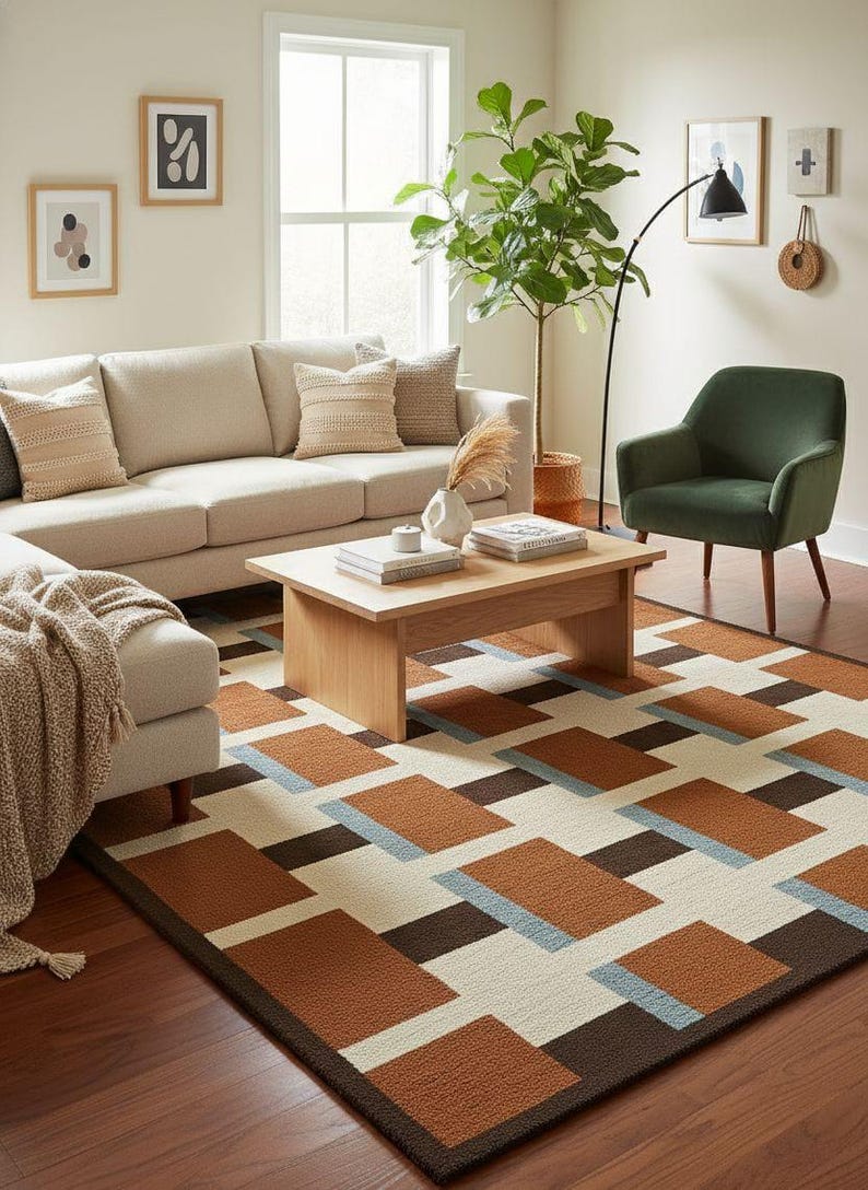 May include: A living room scene featuring a beige sofa, a wooden coffee table, and a green armchair. A geometric patterned rug in shades of brown, cream, and blue covers the floor. Decorative framed art and a floor lamp complete the space.
