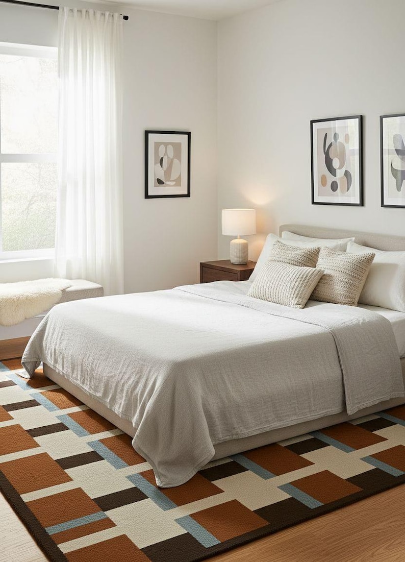May include: A bedroom scene featuring a bed with a light gray blanket and pillows. A geometric patterned rug in brown, blue, and cream tones is on the floor. Artwork hangs on the white walls, and a lamp sits on a wooden nightstand.