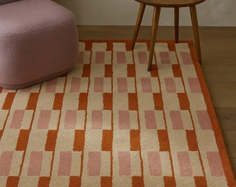 Modern Geometric Wool Area Rug, Terracotta Orange and Pink Block Pattern Carpet, Mid Century Color Block Rug, Hand Tufted Wool Floor Decor