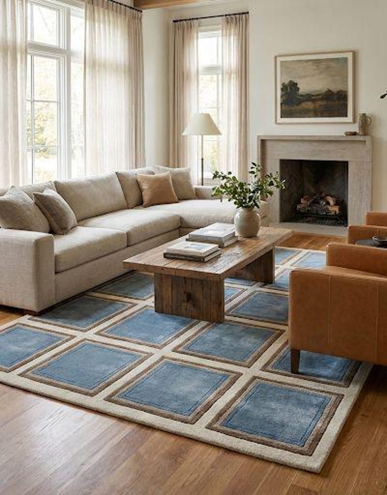 Retro Checkered Wool Rug | Hand-tufted Square Pattern Area Rug | Mid ...