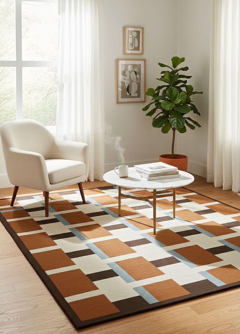 May include: A modern living room scene featuring a geometric patterned rug in shades of brown, cream, and blue. A white armchair, a round coffee table, and a potted plant complete the cozy interior design.