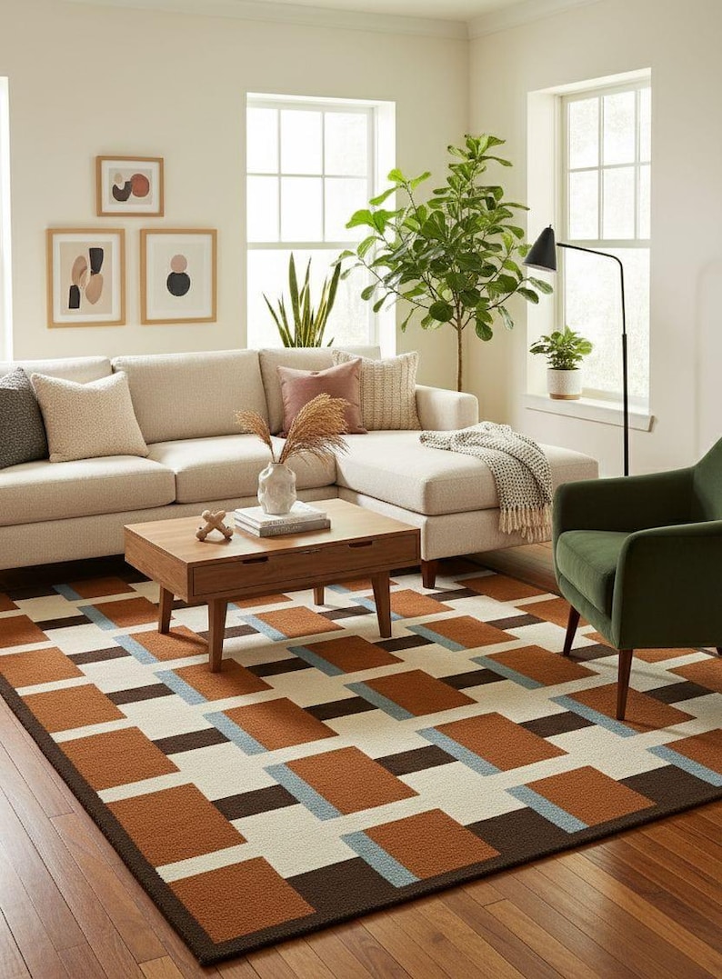 May include: A living room scene featuring a beige sectional sofa, a wooden coffee table, and a green armchair. A geometric patterned rug in shades of brown, white, and blue covers the floor. Decorative framed art hangs on the wall.
