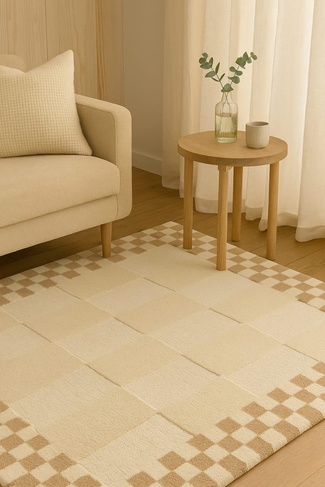 Minimalist Checkerboard Area Rug – Neutral Beige and Cream Hand Tufted ...
