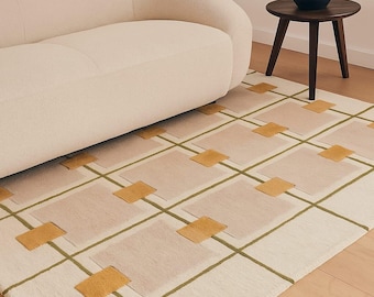 Minimalistisch vloerkleed met raster | Wol geometrisch geruit tapijt