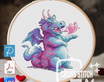 Motif de point de croix dragon d'amour | Dragon potelé avec coeur (téléchargement PDF)