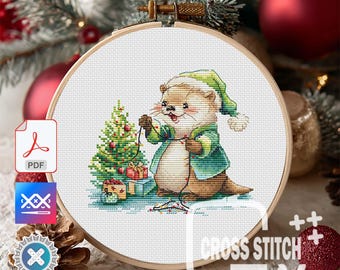 Christmas Otter Cross Stitch Pattern | Holiday Embroidery (PDF Digital Download)
