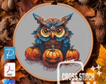 Halloween Owl Cross Stitch Pattern | Autumn Pumpkin Design (PDF Digital Download)