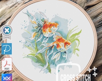 Zwei Goldfische Kreuzstich Muster PDF | Aquarell Goldfisch Stickmuster | Modernes Kreuzstich Design Fische | Sofort Download